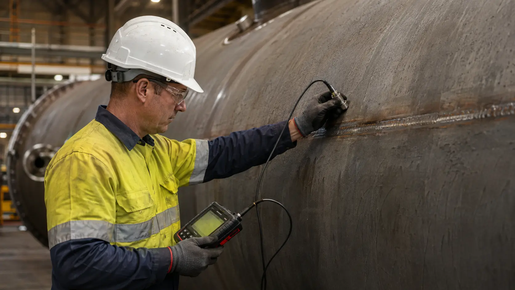 Inspector conducting ultrasonic thickness testing on a pressure vessel